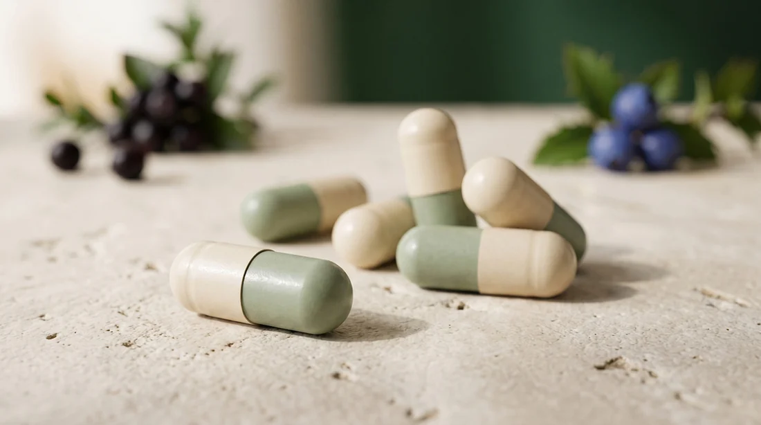 Render conceptual de cápsulas verde y crema sobre una superficie de piedra