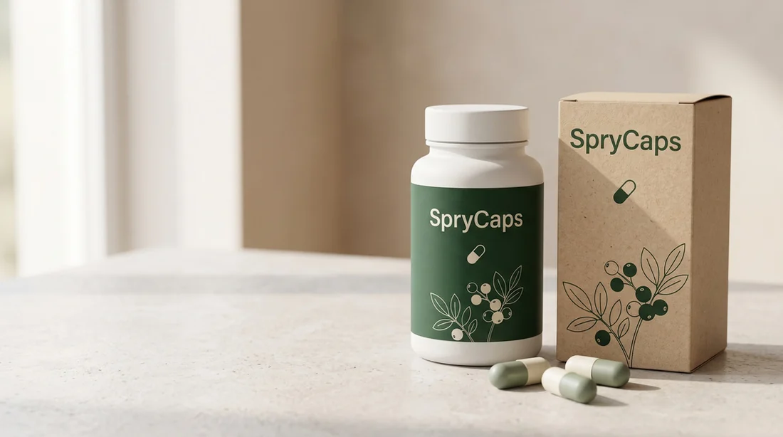 Render conceptual del frasco verde y la caja kraft de SpryCaps junto a unas cápsulas